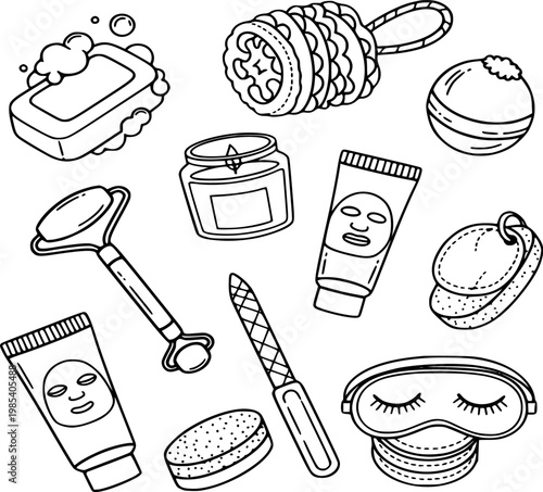 Collection of self-care beauty spa items vector graphic illustration set for wellness and relaxation themed designs. Hand drawn style outline elements for various uses.