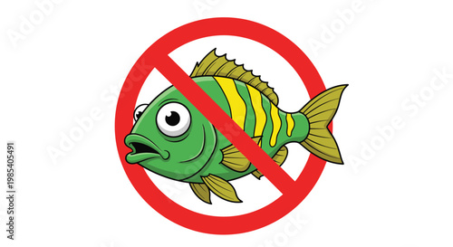 Cartoon green fish with stripes inside a red prohibition sign indicating that fishing or aquatic activities are not allowed here.