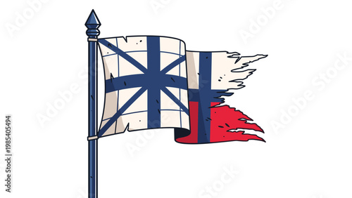 Weathered and torn flag hanging from a pole displays signs of battle damage and wear through its frayed edges and holes.