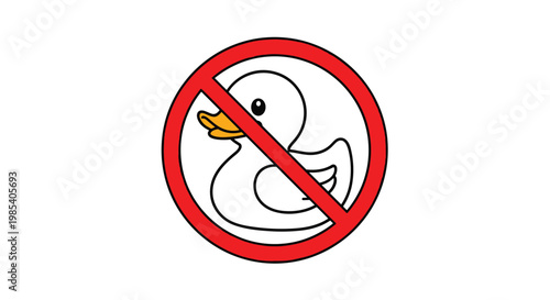 No rubber ducks allowed sign featuring a black and white duck icon inside a red forbidden circle over a white background.