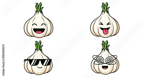 Set of four cartoon garlic bulb characters with happy sticking out tongue cool and dizzy facial expressions on white background.