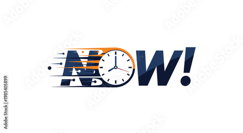 Urgent now message design featuring a fast moving clock icon with speed lines to emphasize time sensitivity and immediate action.