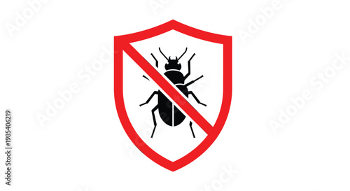 Pest control and insect protection sign featuring a black beetle silhouette inside a red shield with a forbidden slash.
