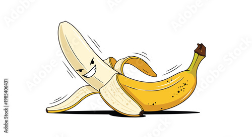 Funny cartoon character of a banana peeling its skin with a cheeky smile isolated on a white background for creative projects.