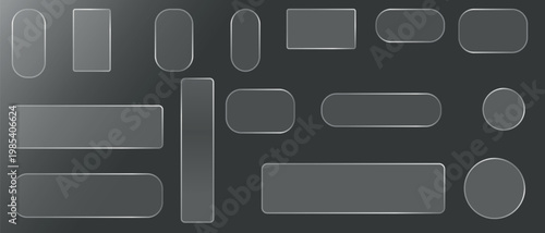 Liquid glass vector buttons and round circle in different shapes. Liquid glass collection of transparent, rounded buttons and shapes, Transparent glass morphism elements set.