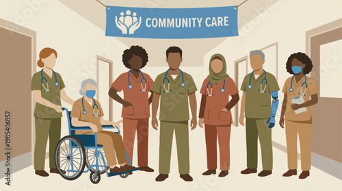 A diverse group of healthcare professionals stands together in a hallway under a banner that reads Community Care, signifying unity and teamwork in patient support