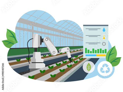 Robotic arm tending plants in smart farm, flat style on greenhouse background, concept of agriculture. Vector illustration