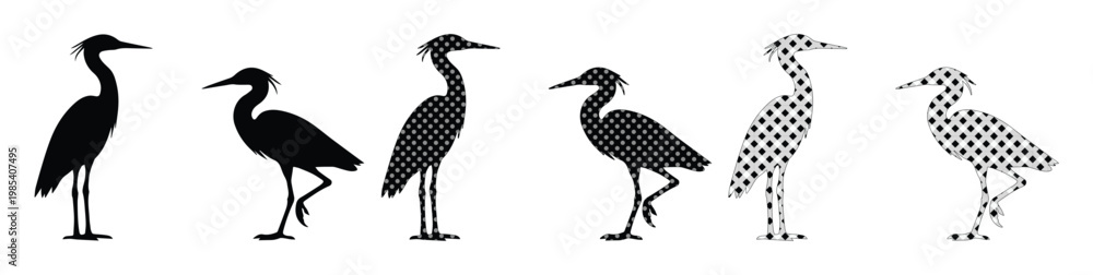 Naklejka premium Heron bird silhouette vector set, black crane and egret icons in profile, standing water bird collection for nature logos and wildlife design