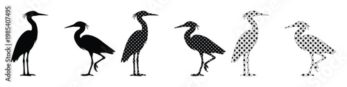 Heron bird silhouette vector set, black crane and egret icons in profile, standing water bird collection for nature logos and wildlife design