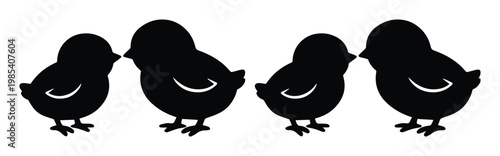 Black chick silhouettes set, cute baby bird vector icons, farm animal poultry silhouettes, young chicken profile graphics for Easter and nature designs