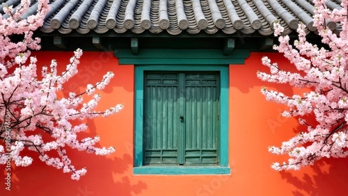 Traditional Chinese House with Cherry Blossom