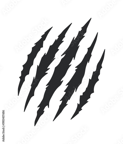 Aggressive black claw marks vector, sharp animal scratch rips on white background, predator clawing effect for sports mascot and automotive decals