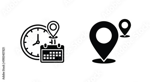 Clock calendar and location icons depict scheduling and appointments silhouette