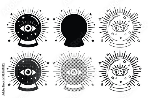 Mystical crystal ball vector set, magic fortune teller icons with all seeing eye, occult celestial symbols for witchcraft and astrology