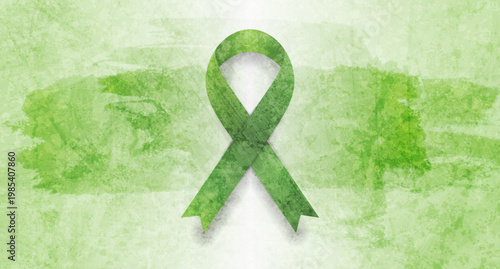 Green awareness ribbon symbol for mental health, lymphoma, or liver cancer awareness on grunge watercolor blots abstract background. Vector illustration perfect for healthcare and charity designs