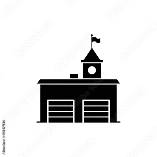 Fire Station Icon Silhouette with Garage Doors and Tower