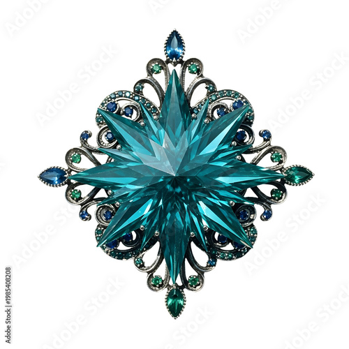 Ornate jewel starburst design with emerald and sapphire accents on transparent background