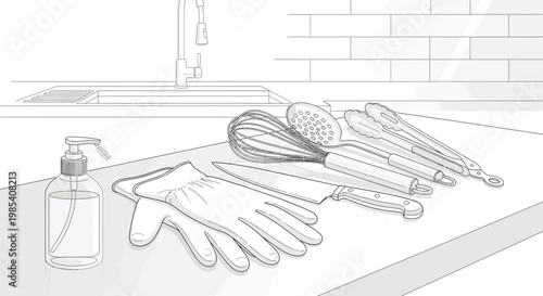 Various kitchen utensils like a whisk and cooking knife alongside protective gloves and a soap dispenser on a clean surface