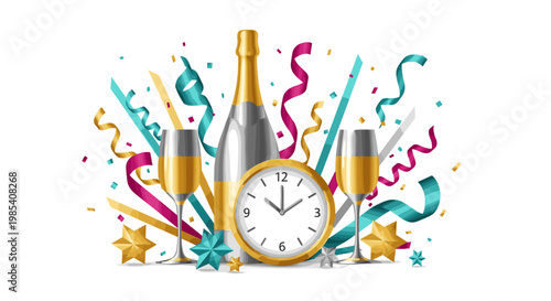 Festive New Years table decor with champagne bottle, clock, and glasses surrounded by colorful streamers and stars on a white background, year’s