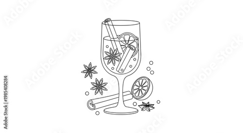 Illustration of a wine glass filled with mulled wine, adorned with spices like cinnamon and star anise, set against a white background with a minimalist style