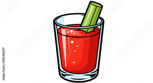 Vibrant illustration of a glass filled with rich red tomato juice and a fresh celery stick, against a clean white background