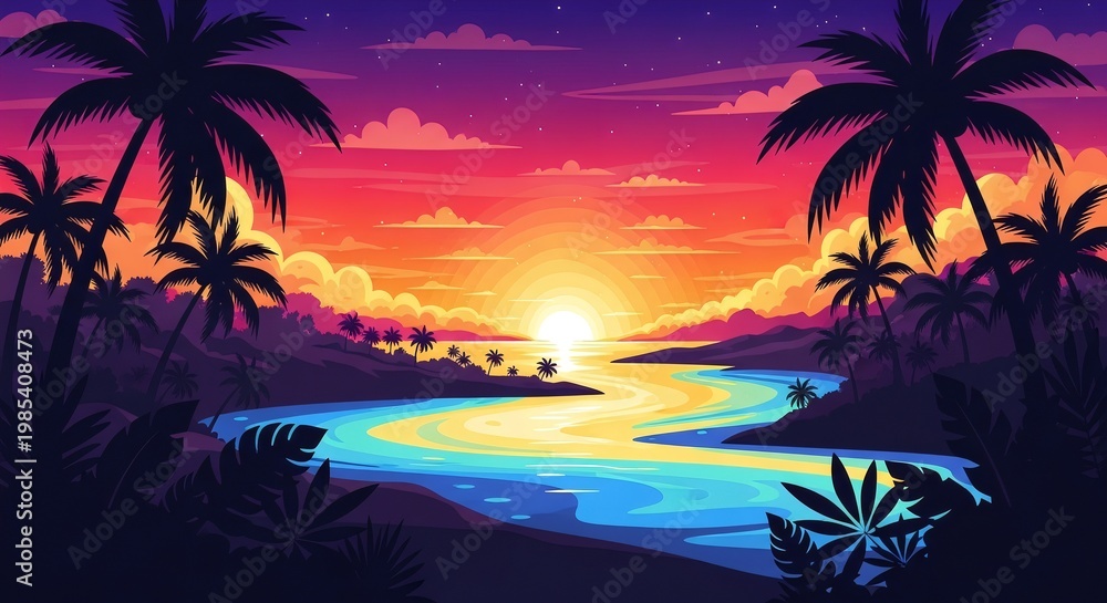 Fototapeta premium Tropical sunset landscape with palm trees and river vector illustration