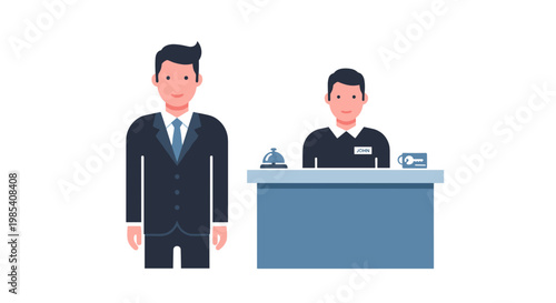 Illustration of a man in a suit standing beside a hotel reception desk with a receptionist, minimalist style, white background