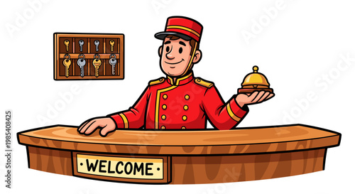 Illustration of a cheerful man in a red uniform standing at a hotel reception desk with a service bell, key rack in the background, white backdrop