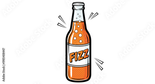 Illustration of a bottle filled with vibrant orange soda, featuring playful cartoon bubbles and a bold Fizz label, set against a clean white background