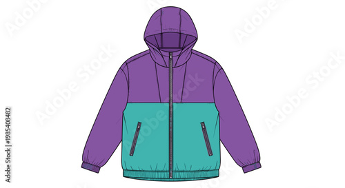 Stylish purple and teal windbreaker with hood, showcasing a modern design against a clean white background
