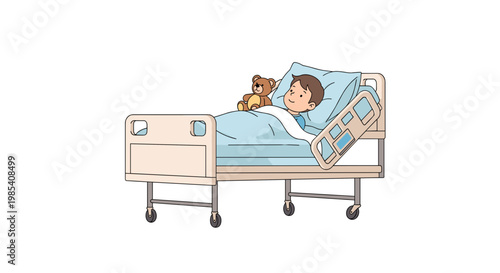 Illustration of a child peacefully sleeping in a hospital bed with a teddy bear, soft blue bedding, and a white background