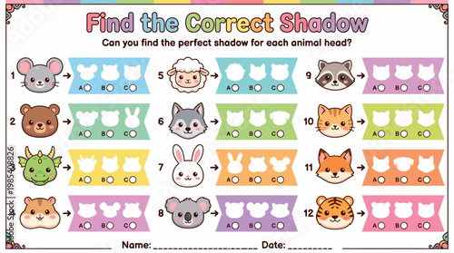 Educational Kids Matching Game Worksheet - Find the Correct Animal Shadow Silhouette