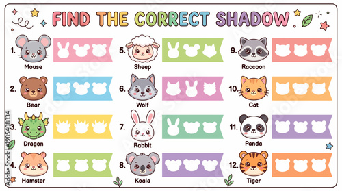 Educational Kids Matching Game Worksheet - Find the Correct Animal Shadow Silhouette
