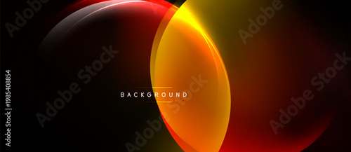 Abstract fluid shapes overlap, creating vibrant orange, red gradients. Dark background emphasizes luminosity, modern design element.