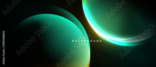 Abstract design features overlapping teal shapes, glowing lines. Dark background enhances vibrant color contrast, modern aesthetic.