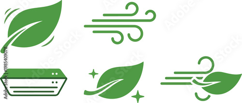 Green leaf icons representing clean air and eco-friendly technology, including an air conditioner unit and wind symbols