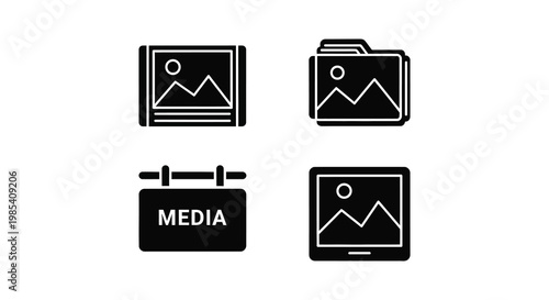 Four black silhouettes of media storage icons against a white background