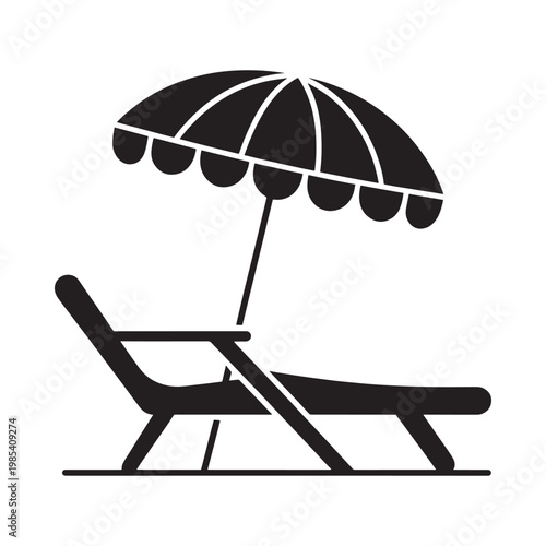 A simple black silhouette depicts a beach chair and a parasol