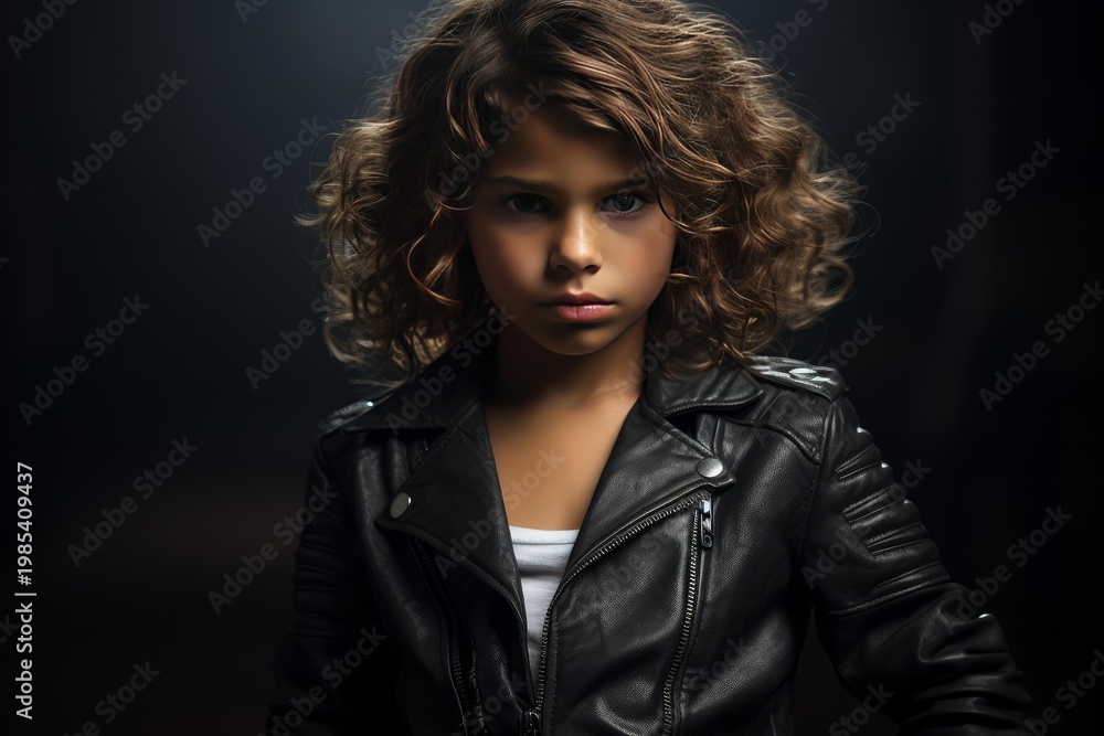 Fototapeta premium Kid posing with attitude in a black leather jacket against a dark background