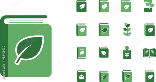 Visualizing an amoeba under a microscope and botanical studies, this icon set offers green books and plant symbols for science and nature education