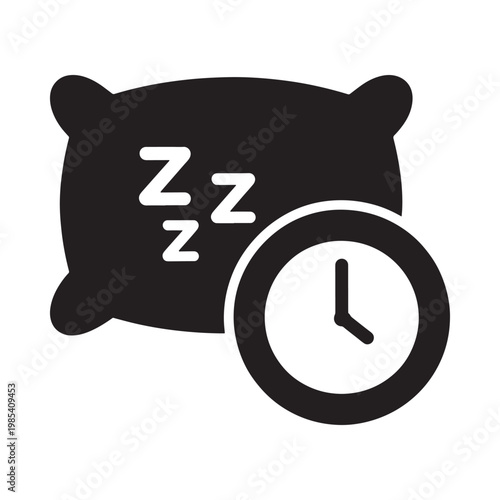 A simple black icon depicting sleep with a pillow and clock