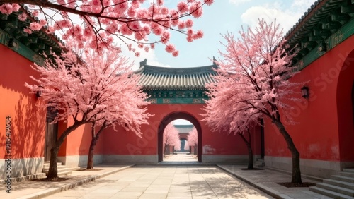 Traditional Asian Architecture with Cherry Blossoms