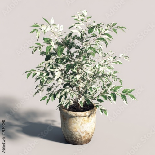 Lush potted plant with variegated leaves, set on a simple background