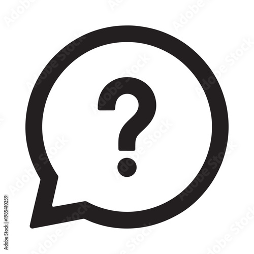 A black question mark inside a speech bubble symbolizing inquiry and communication