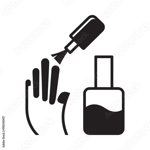 A simple black and white icon depicting nail polish application to a hand