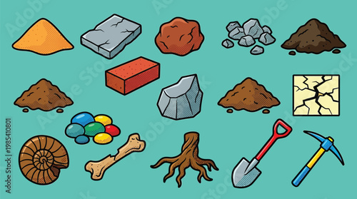 A collection of various geological samples, fossils, and excavation tools displayed against a teal background.