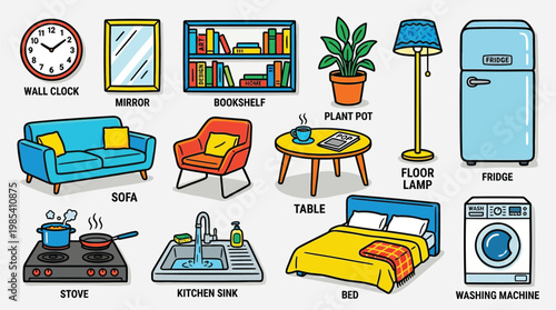 A colorful illustration showcasing various common household furniture and appliances, each labeled with its English name.