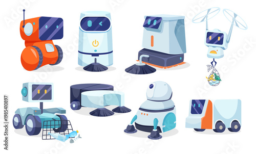 Set of cleaning robots in cartoon style on white background showing automation concept. Vector illustration