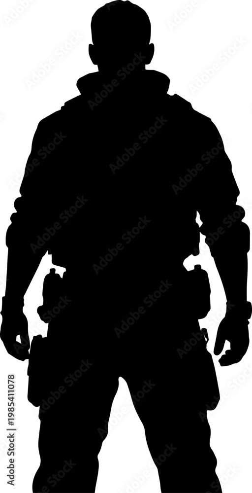 Obraz premium Black Silhouette of a Soldier in Full Tactical Gear Standing on White Background