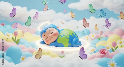 Sleeping baby, earth, clouds, butterflies, flowers, dreamy scene